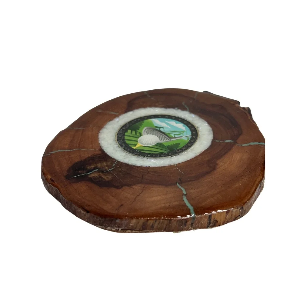 Handmade Wood Slice Golf Coaster Turquoise Inlay Resin Gloss Cork Back 4.75
